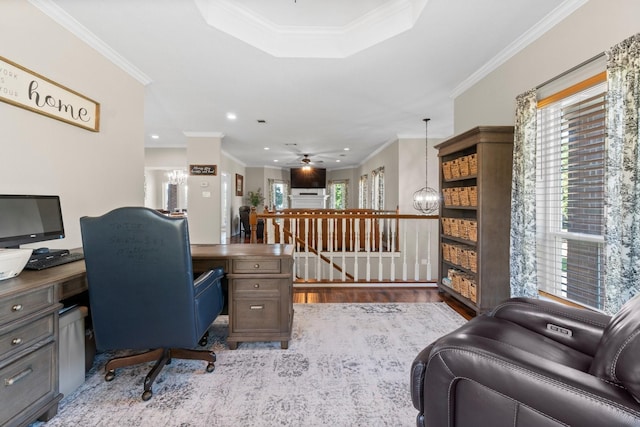 2906 Penninsula Pt, Montgomery, TX 77356 - office space featuring wood finished floors, crown molding, ceiling fan, and recessed lighting