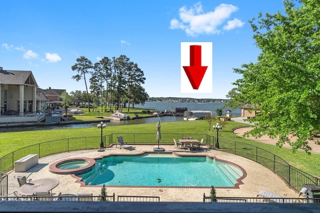 2906 Penninsula Pt, Montgomery, TX 77356 - view of swimming pool featuring a water view, a patio area, and a pool with connected hot tub