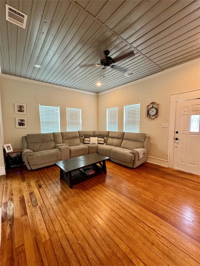 living area featuring light wood finished floors, wood ceiling, ceiling fan, and visible vents