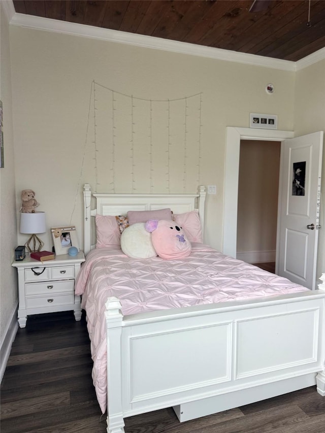 bedroom featuring crown molding, baseboards, dark wood-style floors, and wood ceiling