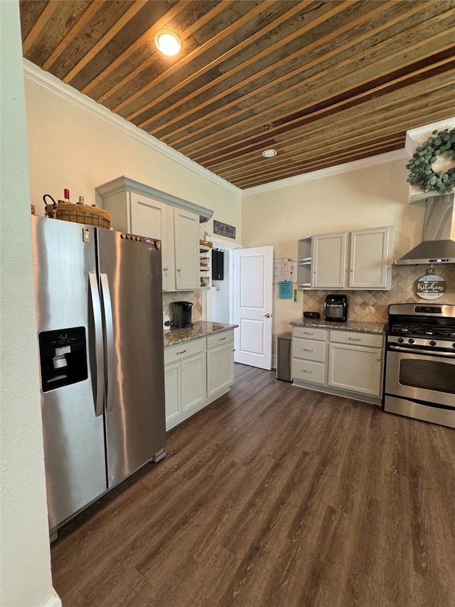 kitchen featuring ornamental molding, open shelves, wall chimney exhaust hood, and stainless steel appliances