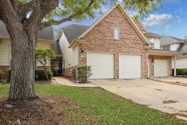 view of front facade with an attached garage, a shingled roof, stone siding, and concrete driveway