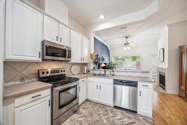 kitchen featuring stainless steel appliances, a sink, ornamental molding, and ceiling fan
