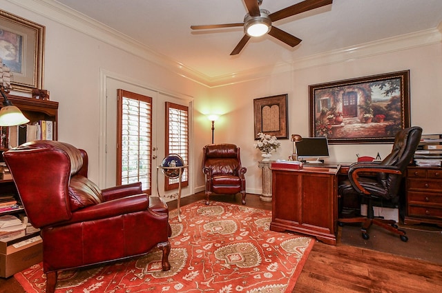 37703 Edgewater Dr, Pinehurst, TX 77362 - office with ceiling fan, wood finished floors, and crown molding