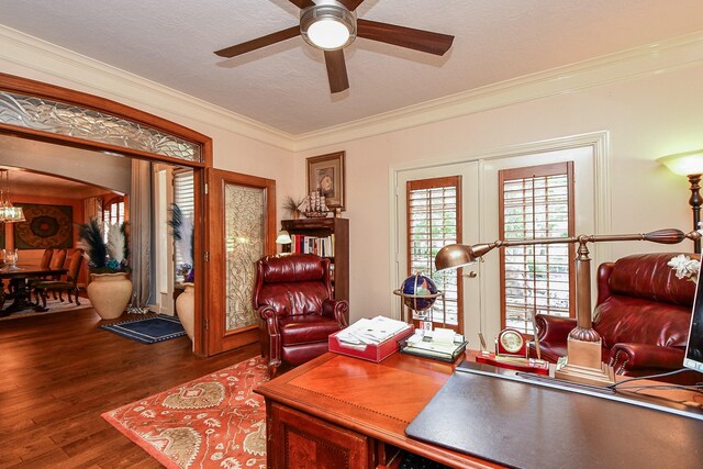 37703 Edgewater Dr, Pinehurst, TX 77362 - office area featuring wood finished floors, ceiling fan, crown molding, arched walkways, and a chandelier