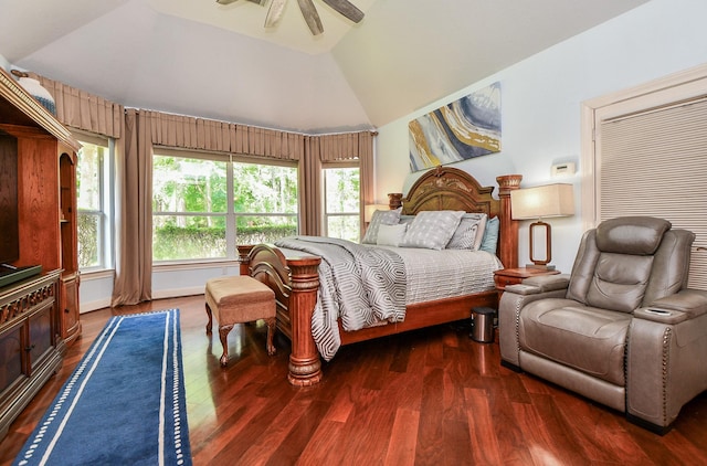 37703 Edgewater Dr, Pinehurst, TX 77362 - bedroom featuring vaulted ceiling, multiple windows, wood finished floors, and a ceiling fan