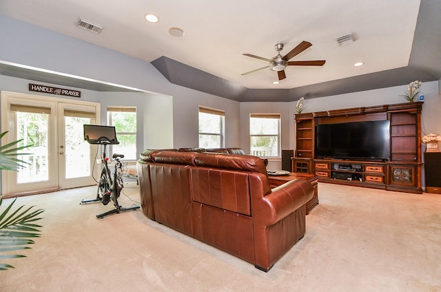 37703 Edgewater Dr, Pinehurst, TX 77362 - living area with light carpet, ceiling fan, and recessed lighting