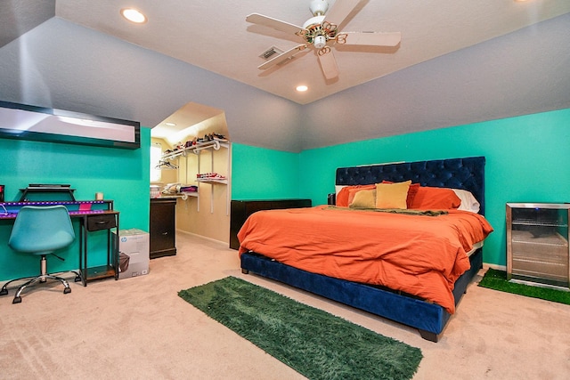 37703 Edgewater Dr, Pinehurst, TX 77362 - carpeted bedroom featuring vaulted ceiling, baseboards, recessed lighting, and ceiling fan