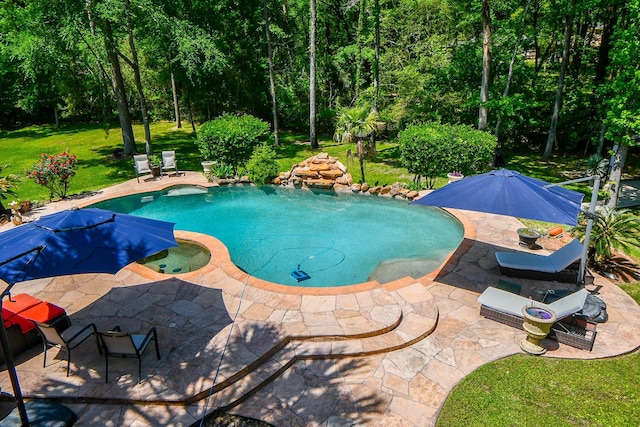 37703 Edgewater Dr, Pinehurst, TX 77362 - view of pool with a patio, a pool with connected hot tub, and a lawn