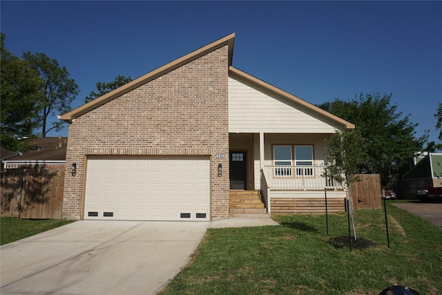 view of front facade featuring a garage, brick siding, driveway, and covered porch