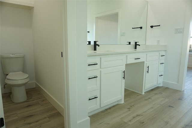 bathroom featuring double vanity, a sink, toilet, and wood finished floors