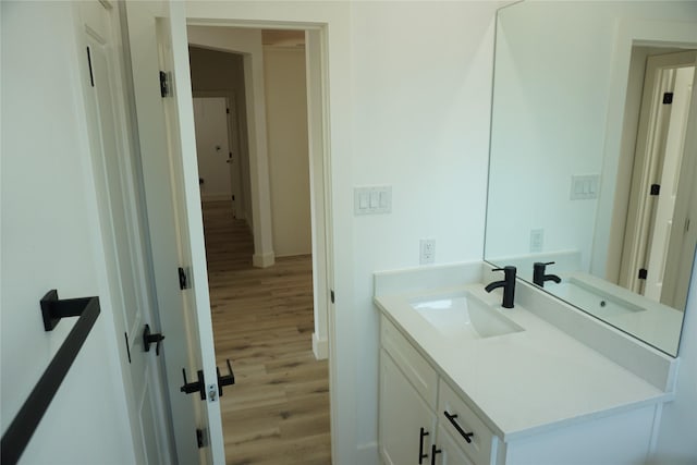 bathroom with wood finished floors and vanity