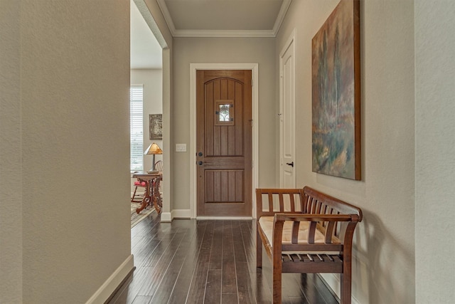 271 Spotted Saddle Ct, The Woodlands, TX 77382 - doorway with dark wood-style flooring, ornamental molding, baseboards, and a textured wall