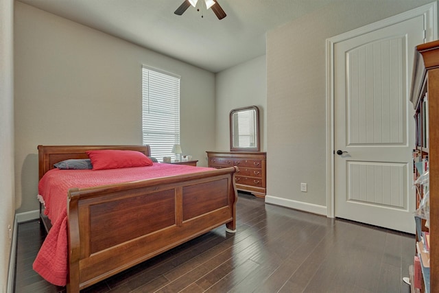 271 Spotted Saddle Ct, The Woodlands, TX 77382 - bedroom with a ceiling fan, baseboards, and dark wood-type flooring