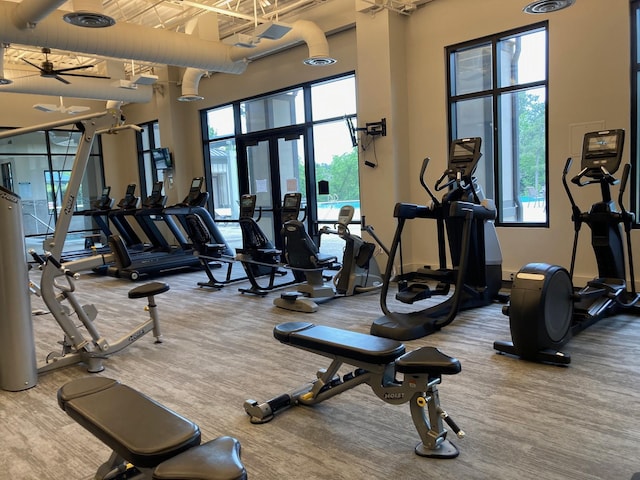 271 Spotted Saddle Ct, The Woodlands, TX 77382 - exercise room with a towering ceiling and carpet floors