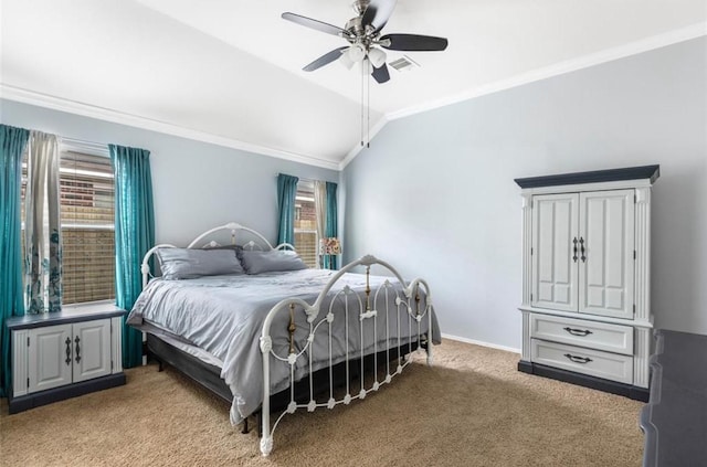 bedroom featuring crown molding, visible vents, multiple windows, and lofted ceiling
