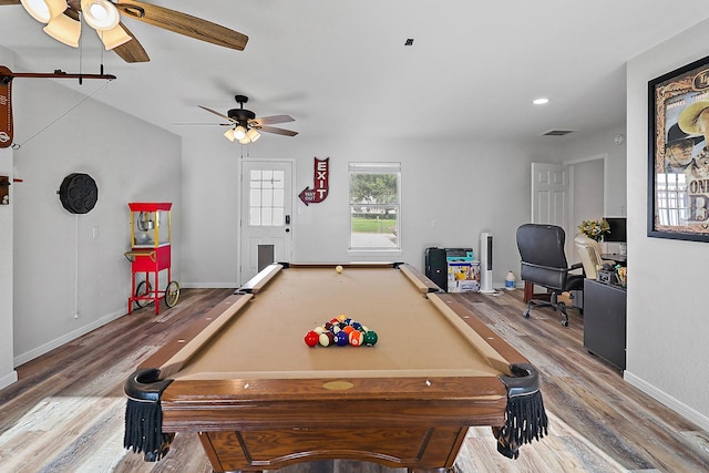 rec room with wood finished floors, ceiling fan, and pool table