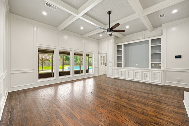 5511 Oak Cove Dr, Kingwood, TX 77345 - unfurnished living room featuring beamed ceiling, a ceiling fan, visible vents, and a decorative wall