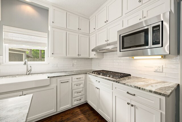 5511 Oak Cove Dr, Kingwood, TX 77345 - kitchen with under cabinet range hood, backsplash, a sink, appliances with stainless steel finishes, and white cabinetry
