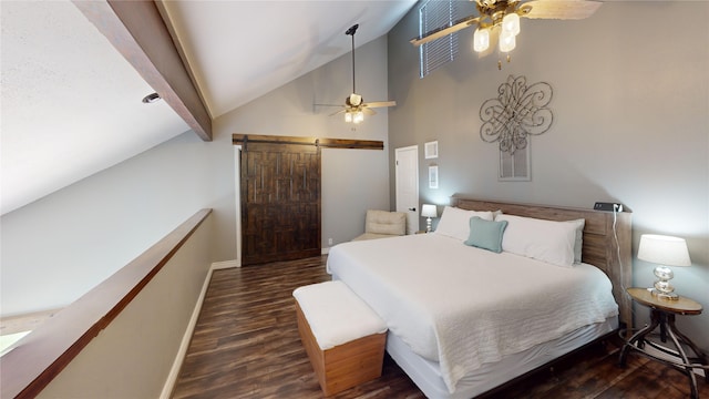 12500 Melville Dr Unit 211, Montgomery, TX 77356 - bedroom featuring wood finished floors, a barn door, high vaulted ceiling, and ceiling fan