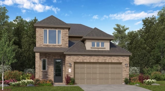view of front facade featuring roof with shingles, brick siding, driveway, and an attached garage