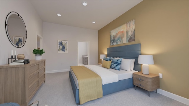 bedroom featuring light carpet, baseboards, connected bathroom, and recessed lighting