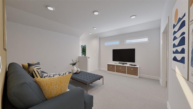 carpeted living room with baseboards and recessed lighting