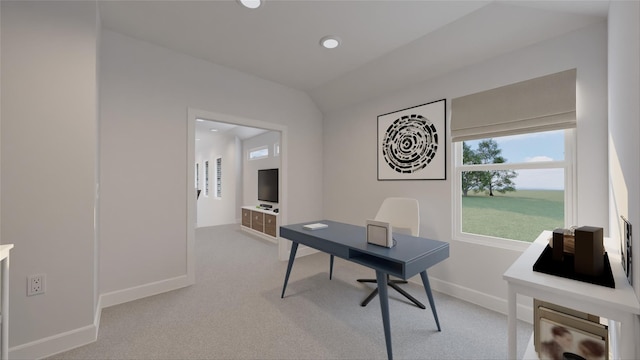 office area with recessed lighting, lofted ceiling, baseboards, and carpet floors