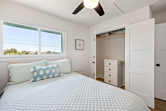 bedroom with a closet, attic access, a ceiling fan, and wood finished floors