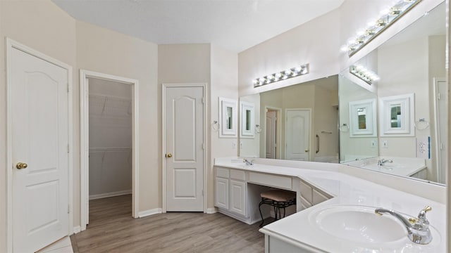 bathroom with baseboards, wood finished floors, a sink, and double vanity
