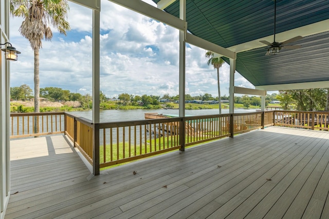 wooden terrace with a ceiling fan and a water view
