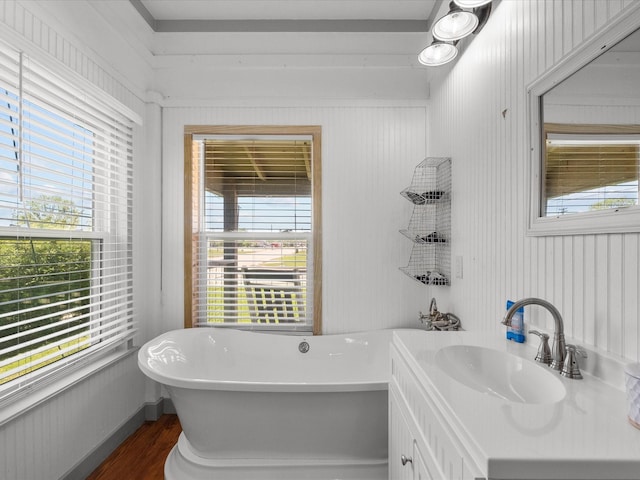 602 W 1st St, Freeport, TX 77541 - bathroom with a freestanding bath, vanity, wood finished floors, and plenty of natural light