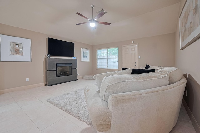 131 Breezy Shore Ct, Dickinson, TX 77539 - living area featuring a ceiling fan, visible vents, a glass covered fireplace, and light tile patterned floors
