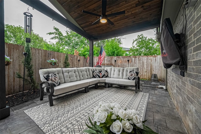 131 Breezy Shore Ct, Dickinson, TX 77539 - view of patio featuring a fenced backyard, ceiling fan, and outdoor lounge area