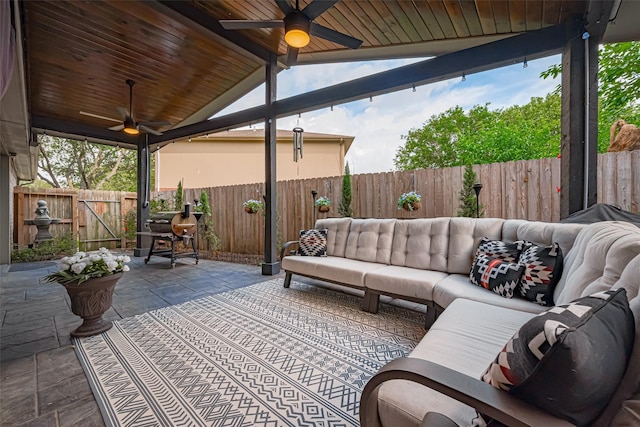 131 Breezy Shore Ct, Dickinson, TX 77539 - view of patio / terrace featuring a ceiling fan, an outdoor hangout area, and a fenced backyard