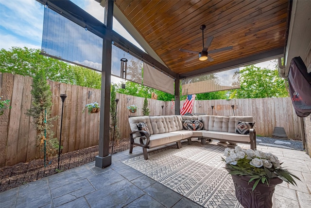 131 Breezy Shore Ct, Dickinson, TX 77539 - view of patio / terrace with ceiling fan, an outdoor hangout area, and a fenced backyard