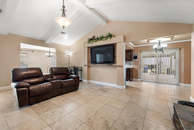 living room with lofted ceiling with beams, visible vents, a notable chandelier, and light tile patterned floors