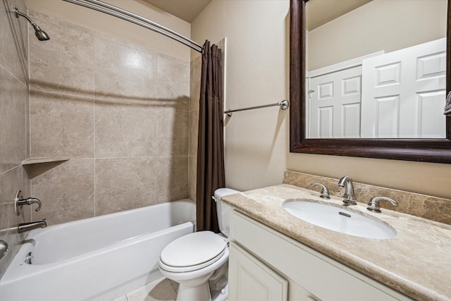 bathroom with toilet, vanity, and shower / bathtub combination with curtain