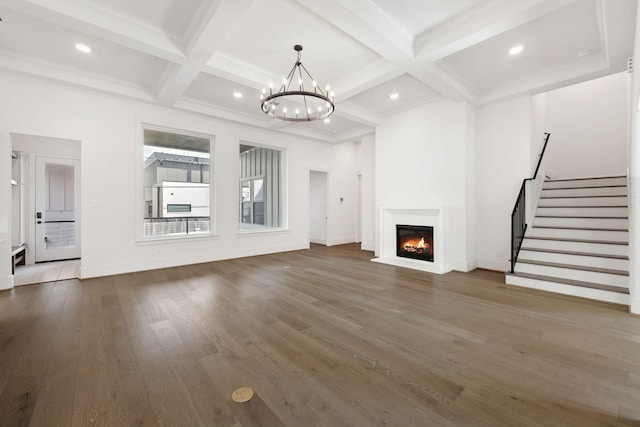 3714 Grennoch Ln, Houston, TX 77025 - unfurnished living room with stairs, beamed ceiling, wood finished floors, coffered ceiling, and a chandelier