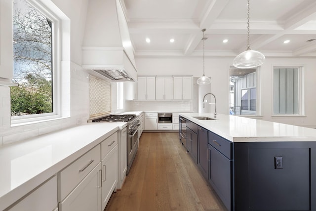 3714 Grennoch Ln, Houston, TX 77025 - kitchen featuring custom range hood, a sink, high end stainless steel range oven, coffered ceiling, and beam ceiling