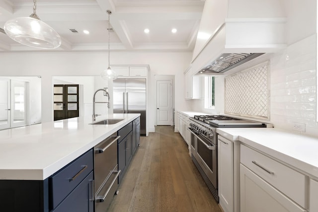 3714 Grennoch Ln, Houston, TX 77025 - kitchen featuring high end appliances, a sink, coffered ceiling, beamed ceiling, and light countertops