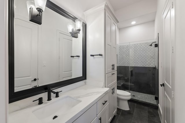 3714 Grennoch Ln, Houston, TX 77025 - full bath featuring toilet, vanity, a shower stall, tile patterned flooring, and recessed lighting