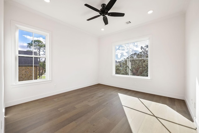 3714 Grennoch Ln, Houston, TX 77025 - spare room with dark wood-type flooring, baseboards, a ceiling fan, recessed lighting, and ornamental molding