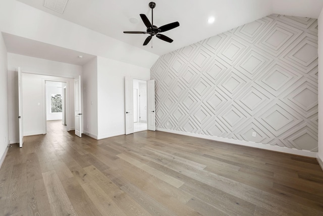 3714 Grennoch Ln, Houston, TX 77025 - unfurnished living room with lofted ceiling, a ceiling fan, baseboards, and wood finished floors