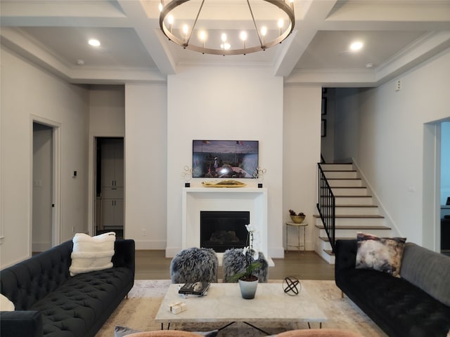 3714 Grennoch Ln, Houston, TX 77025 - living room featuring coffered ceiling, wood finished floors, beamed ceiling, stairway, and crown molding