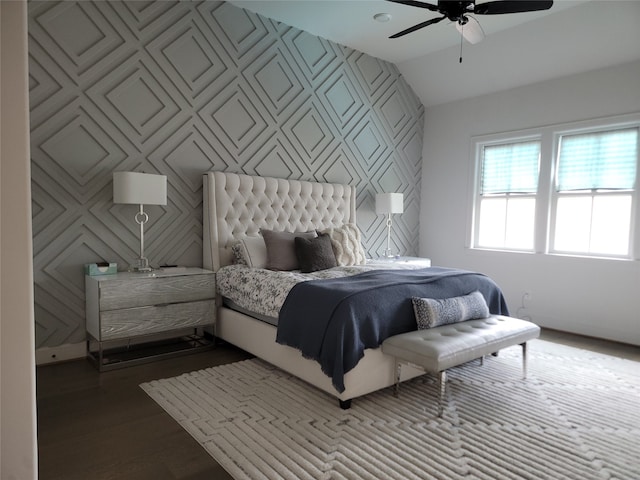 3714 Grennoch Ln, Houston, TX 77025 - bedroom with lofted ceiling, dark wood-type flooring, and ceiling fan