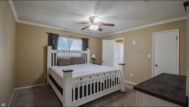 15 Murex St, Bay City, TX 77414 - bedroom featuring carpet floors, ornamental molding, baseboards, a textured ceiling, and a ceiling fan