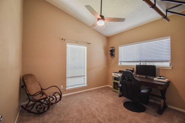 15 Murex St, Bay City, TX 77414 - carpeted office featuring ceiling fan, plenty of natural light, baseboards, a textured ceiling, and vaulted ceiling