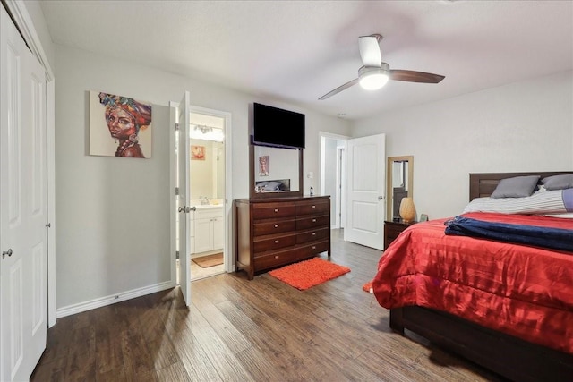 6360 Pansy Dr, Beaumont, TX 77706 - bedroom with a ceiling fan, ensuite bathroom, baseboards, and dark wood-style floors