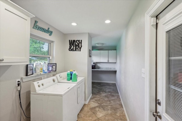 6360 Pansy Dr, Beaumont, TX 77706 - washroom with cabinet space, independent washer and dryer, recessed lighting, and baseboards